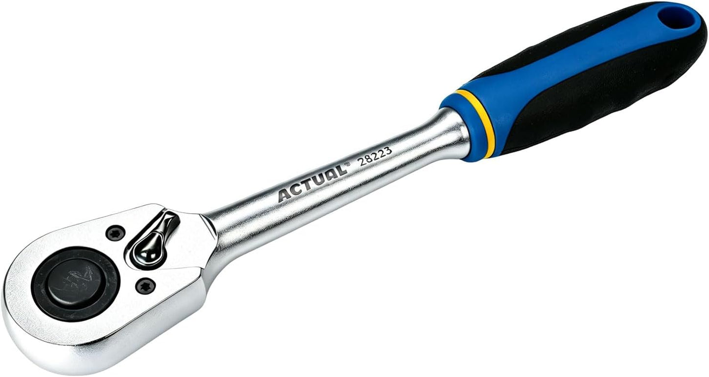 ACTUAL 72-Tooth 1/2-Inch Drive Ratchet, Quick-Release Reversible Ratchet Wrench with 5° Swing Arc, Cr-Mo Steel Head, Full Polished Chrome Alloy Handle for Automotive Repair & Heavy-Duty Mechanics