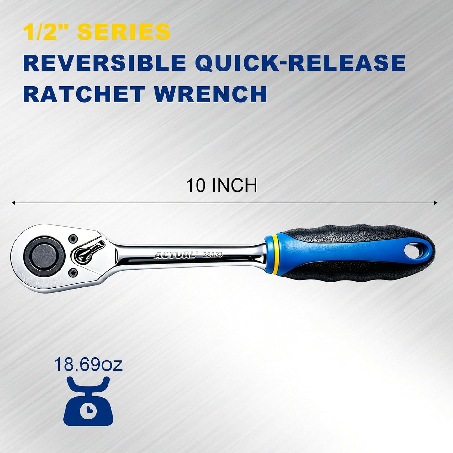 ACTUAL 72-Tooth 1/2-Inch Drive Ratchet, Quick-Release Reversible Ratchet Wrench with 5° Swing Arc, Cr-Mo Steel Head, Full Polished Chrome Alloy Handle for Automotive Repair & Heavy-Duty Mechanics