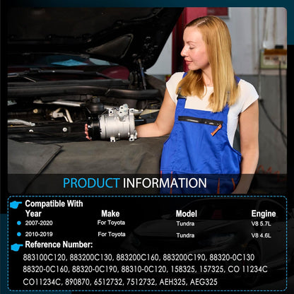 AC Compressor with A/C Clutch (8-Grooves） Compatible with Toyota Tundra 4.6L, 5.7L 2007-2021, with 10S20C Style Compressor, Replace# 883200C130, 883200C190